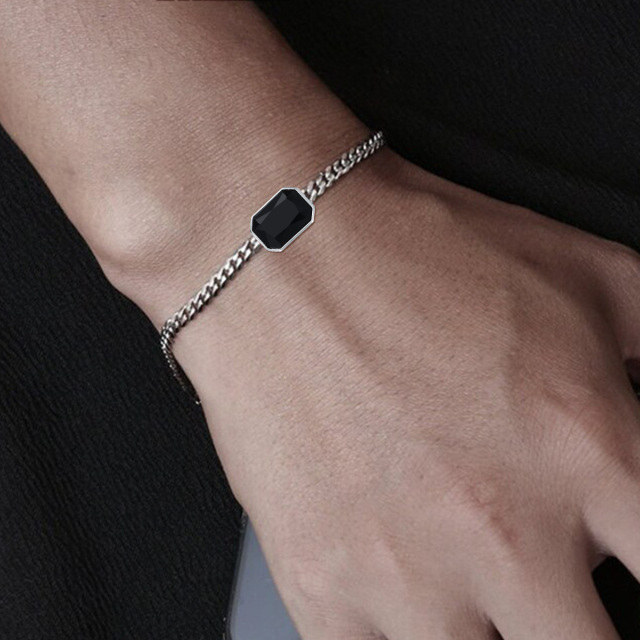 Ciondolo quadrato di agata nera in argento sterling Bracciale a catena cubano per uomo-2