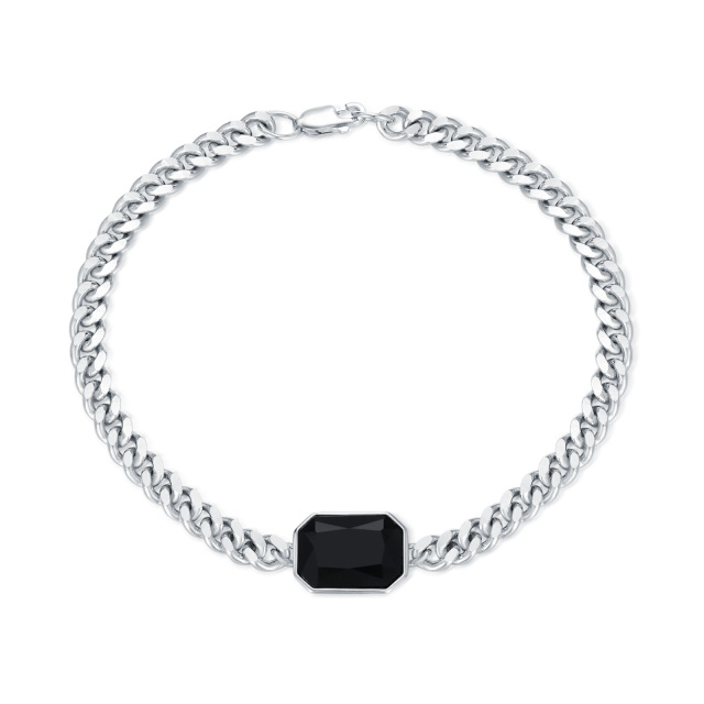 Bracelet en argent sterling avec pendentif carré en agate noire et chaîne cubaine pour hom-1