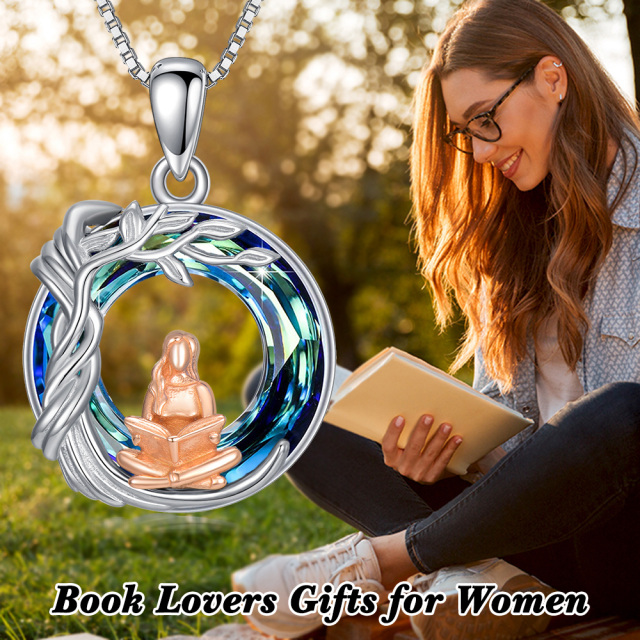 Sterling Silver Two-tone Circular Shaped Tree Of Life & Reading Girl Crystal Pendant Necklace-5