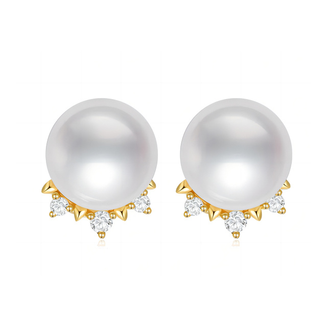10K Gold Diamond & Pearl Spherical Stud Earrings-0