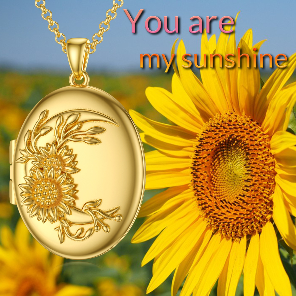 Sterling Silber mit Gelbgold plattiert Sonnenblume Runde personalisierte Gravur Foto Medaillon Halskette-9