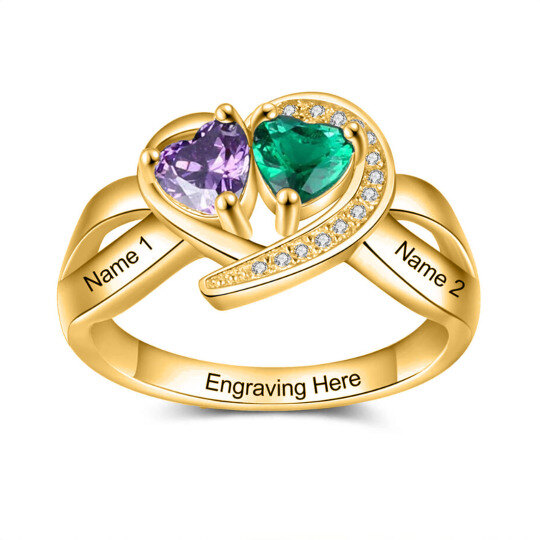 10K Gold Heart Shaped Cubic Zirconia Personalized Birthstone & Personalized Engraving Ring
