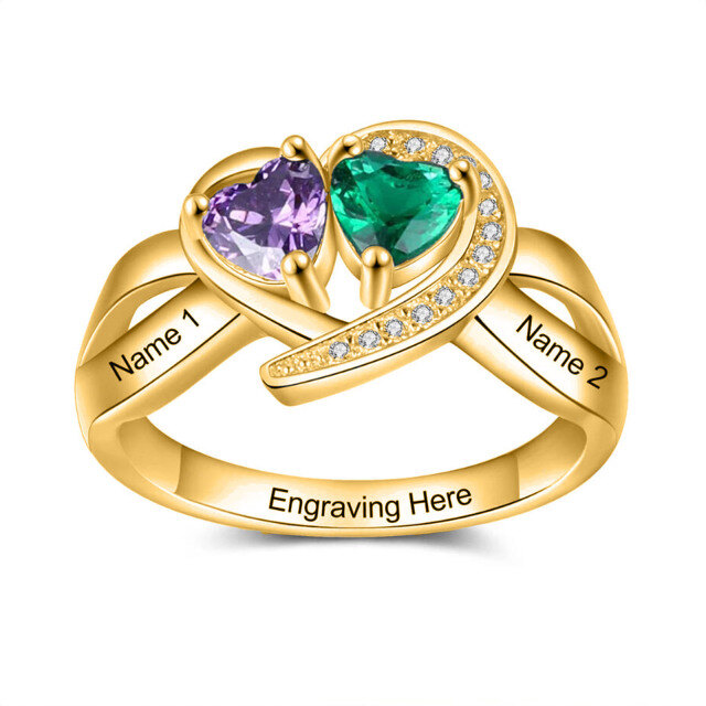 10K Gold Heart Shaped Cubic Zirconia Personalized Birthstone & Personalized Engraving Ring-1