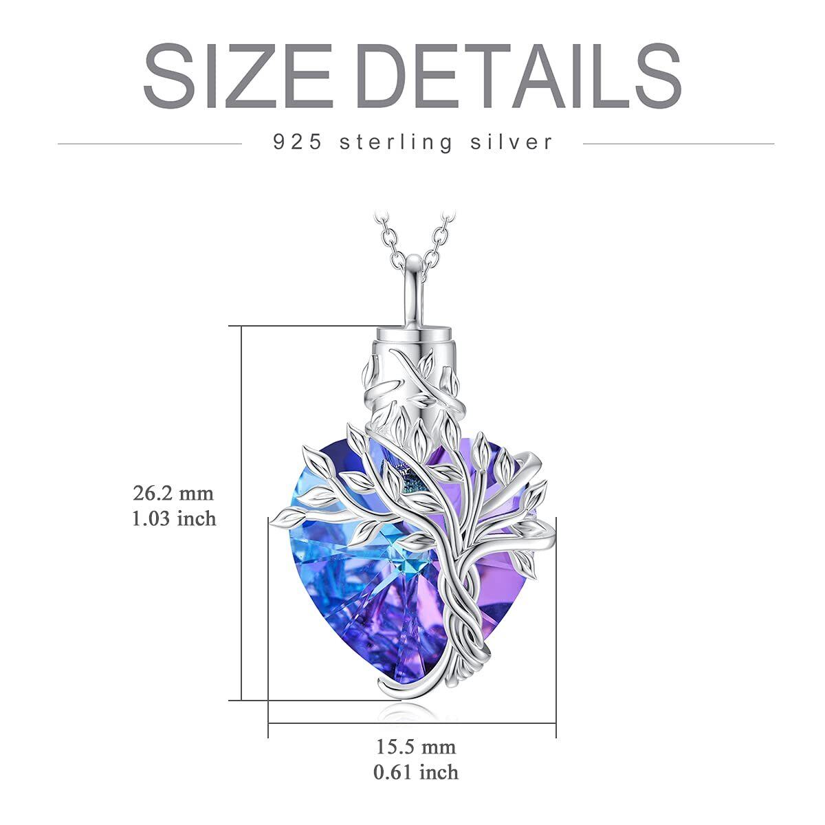 Sterling Silber Herz geformt lila Kristall Baum des Lebens Herz Urne Halskette für Asche-5