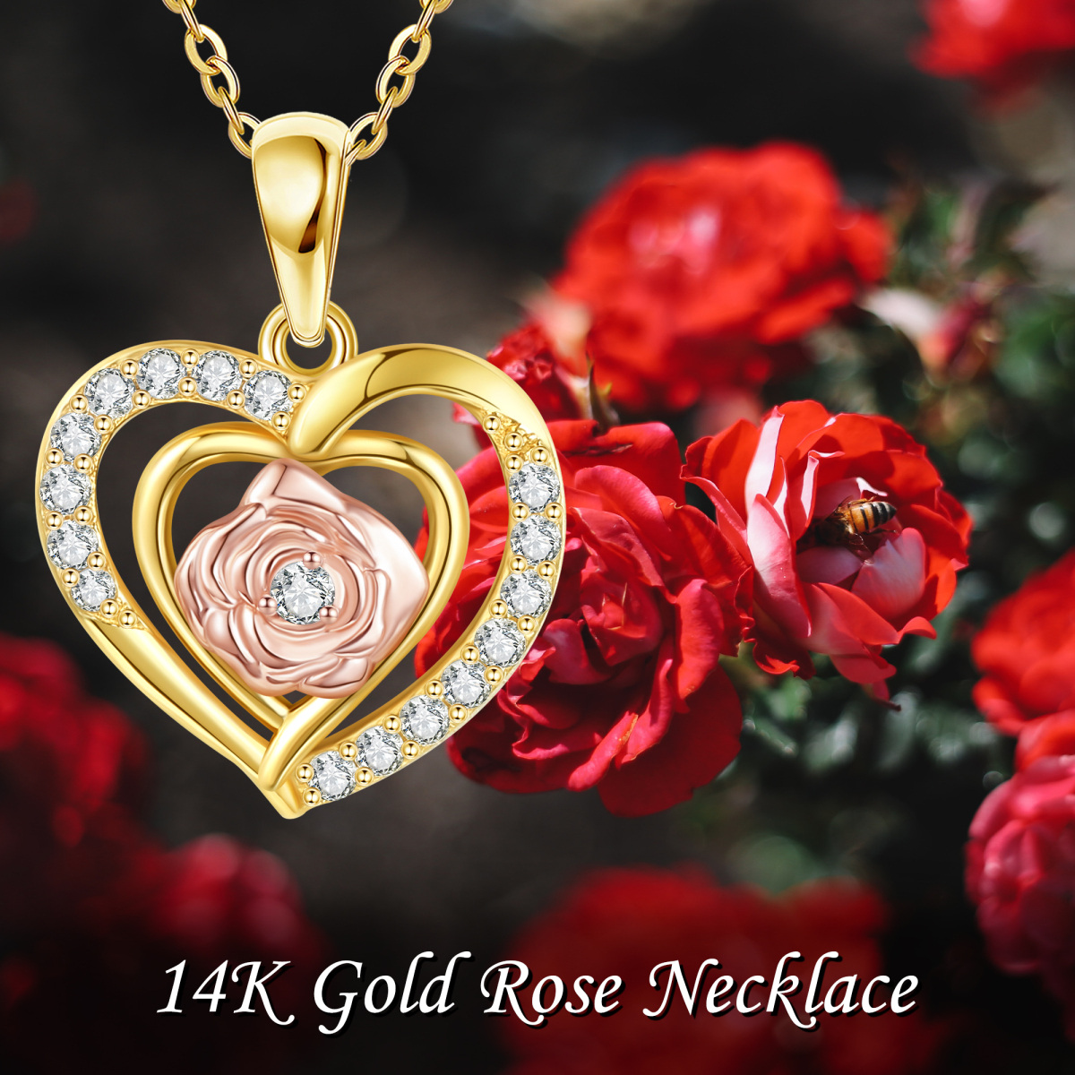 14K Gold & Rose Gold Circular Shaped Moissanite Rose & Heart Pendant Necklace-6