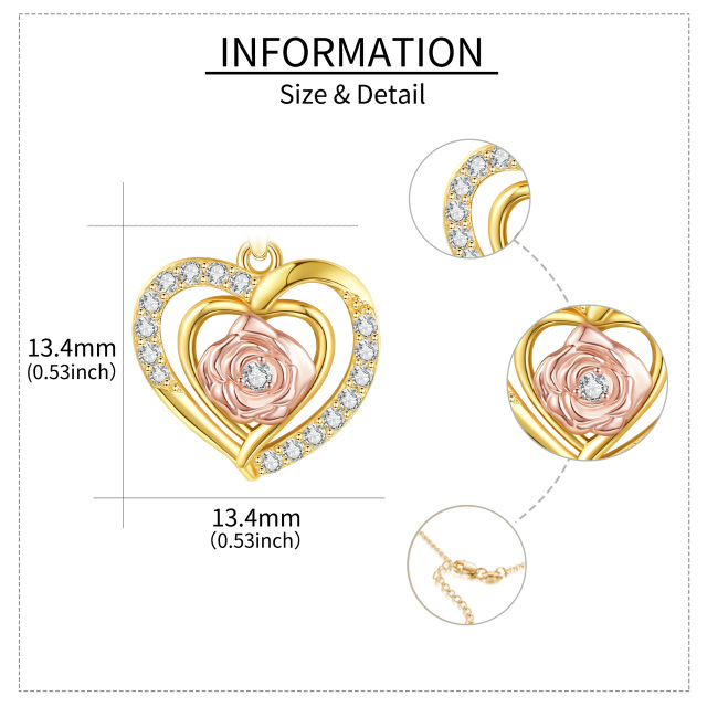 14K Gold & Rose Gold Circular Shaped Moissanite Rose & Heart Pendant Necklace-4