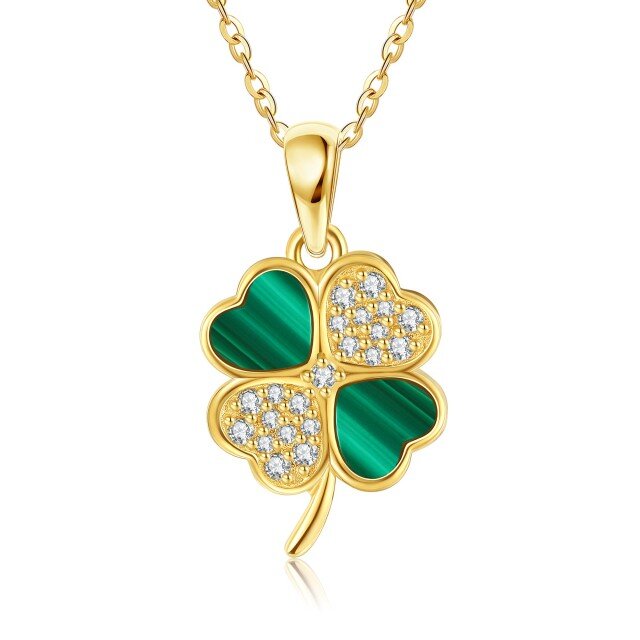 14K Gold Cubic Zirconia & Malachite Four Leaf Clover Pendant Necklace-2