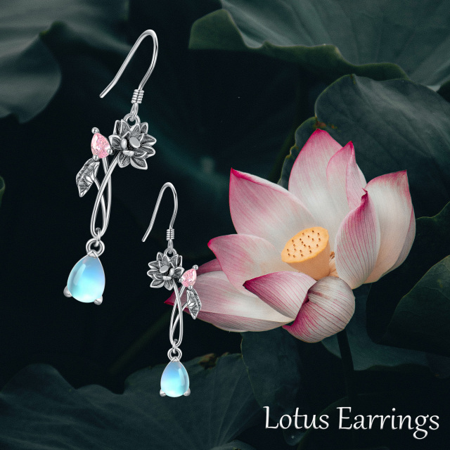 Sterling Silver Pear Shaped Cubic Zirconia & Moonstone Lotus Drop Earrings-6