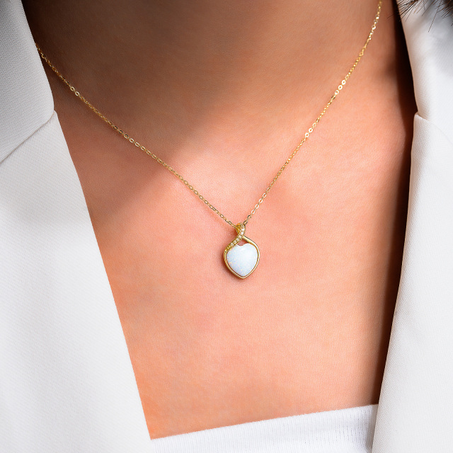 14K Gold Heart Diamond & Opal Heart Pendant Necklace-1