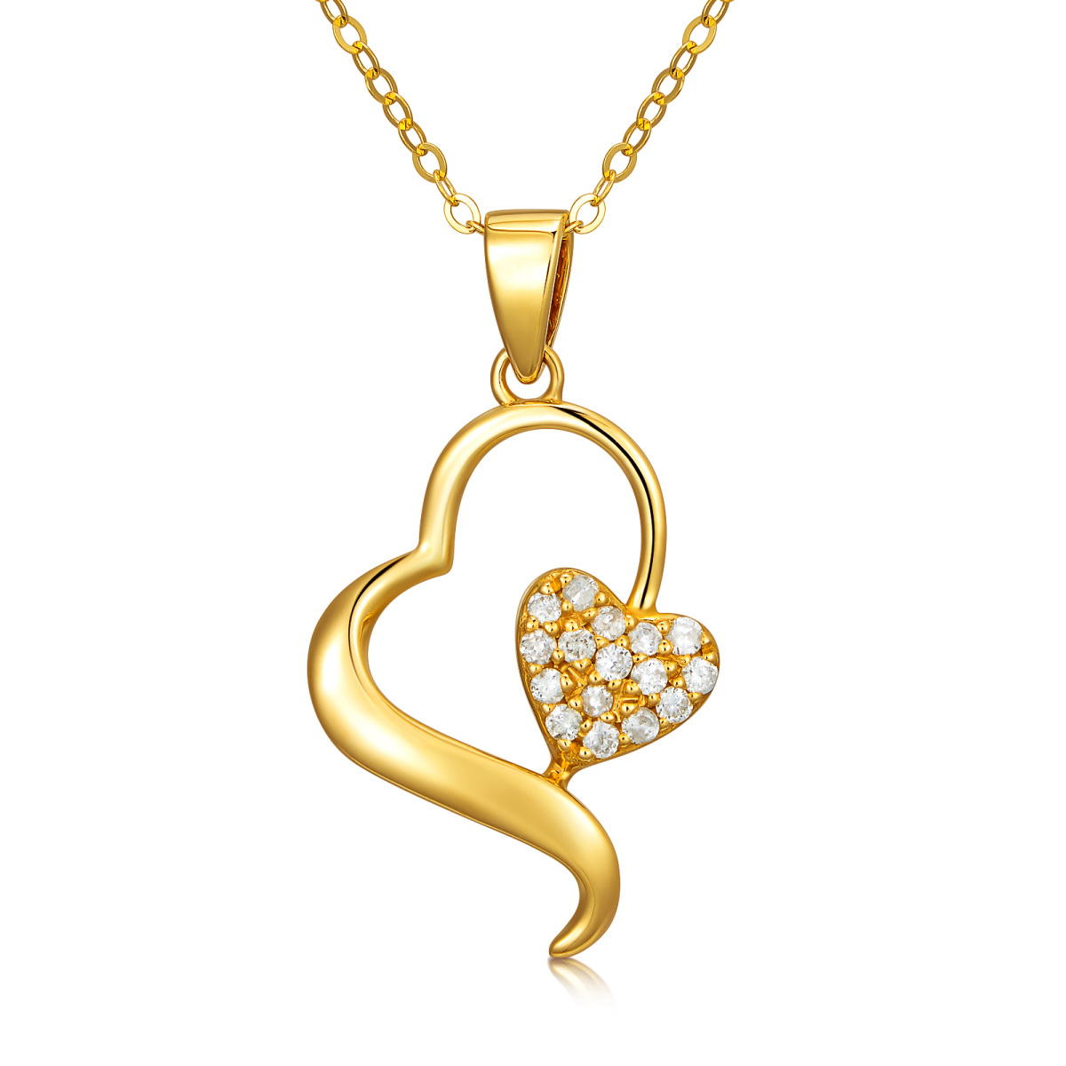 14K Gold Diamond Heart With Heart Pendant Necklace-1