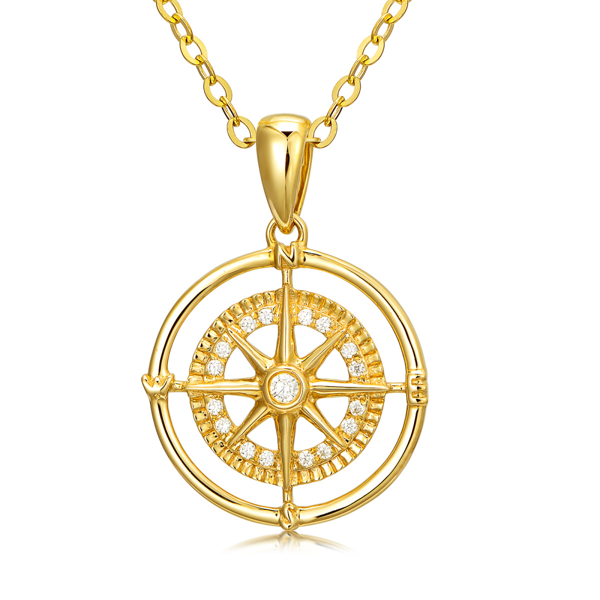 14K Gold Compass Pendant Necklace with 5A Austria Zircon-1
