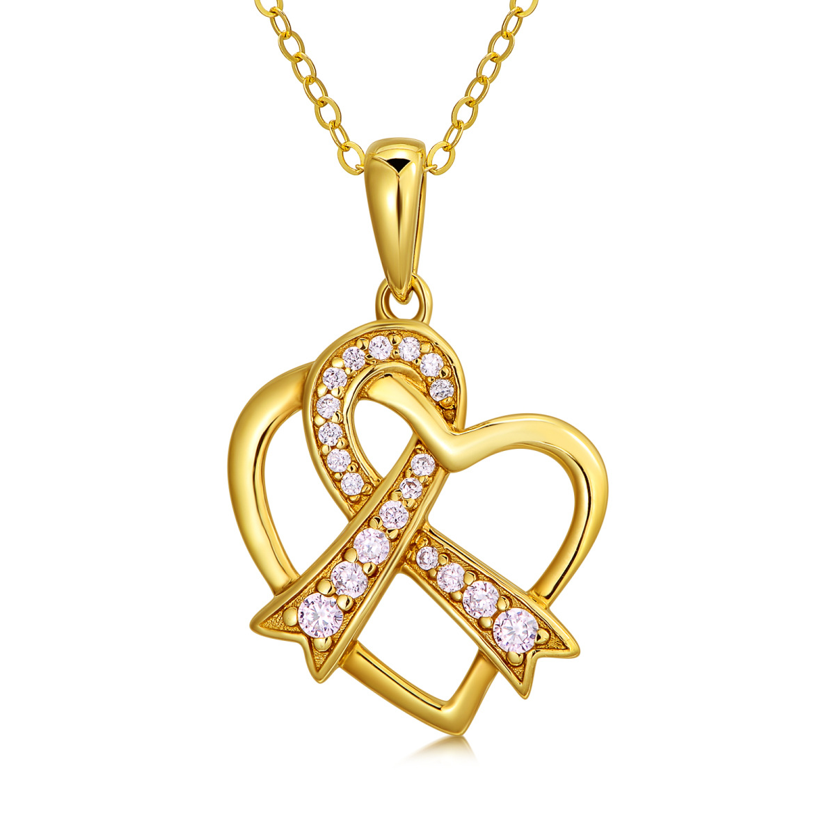 14K Gold Cubic Zirconia Heart & Ribbon Pendant Necklace-1