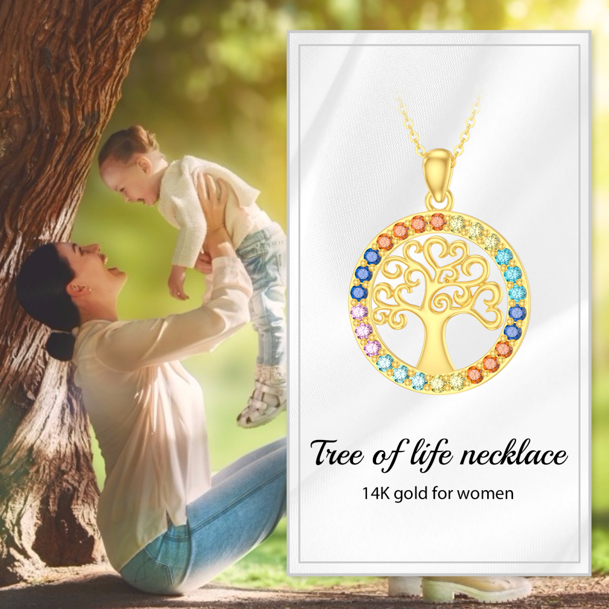 14K Gold Circular Shaped Zircon Tree Of Life & Chakras Pendant Necklace-6