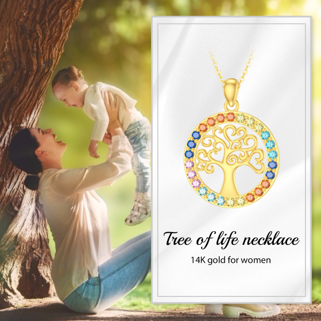 14K Gold Circular Shaped Zircon Tree Of Life & Chakras Pendant Necklace-5