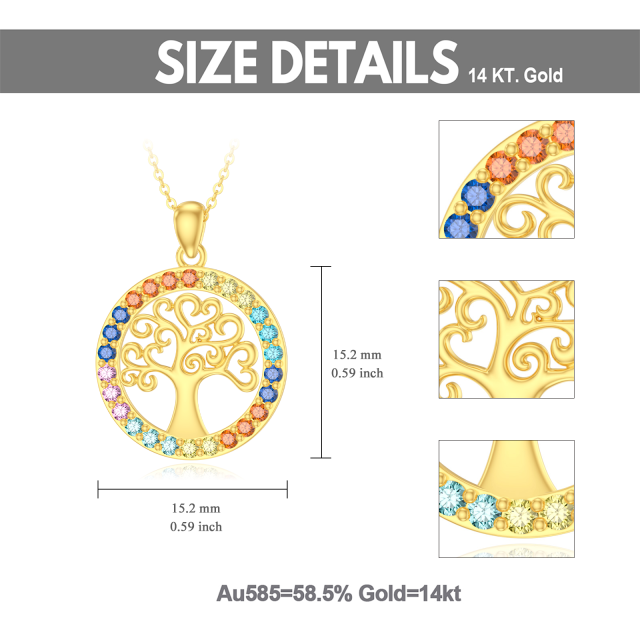 14K Gold Circular Shaped Zircon Tree Of Life & Chakras Pendant Necklace-4