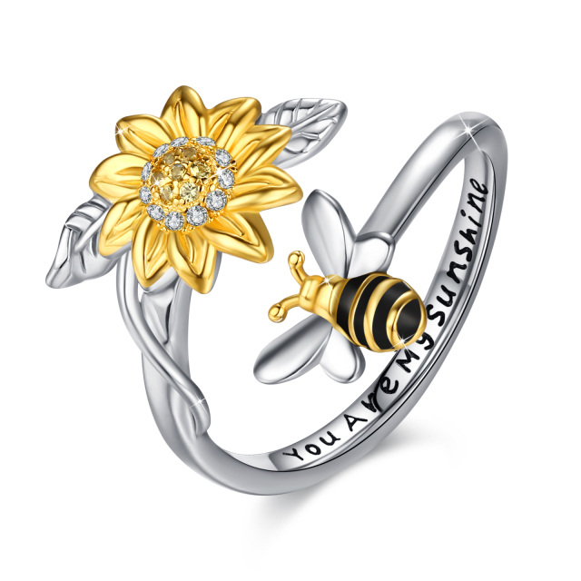 Sterling Silver Two-tone Cubic Zirconia Bee Sunflower Open Ring You Are My Sunshine-1