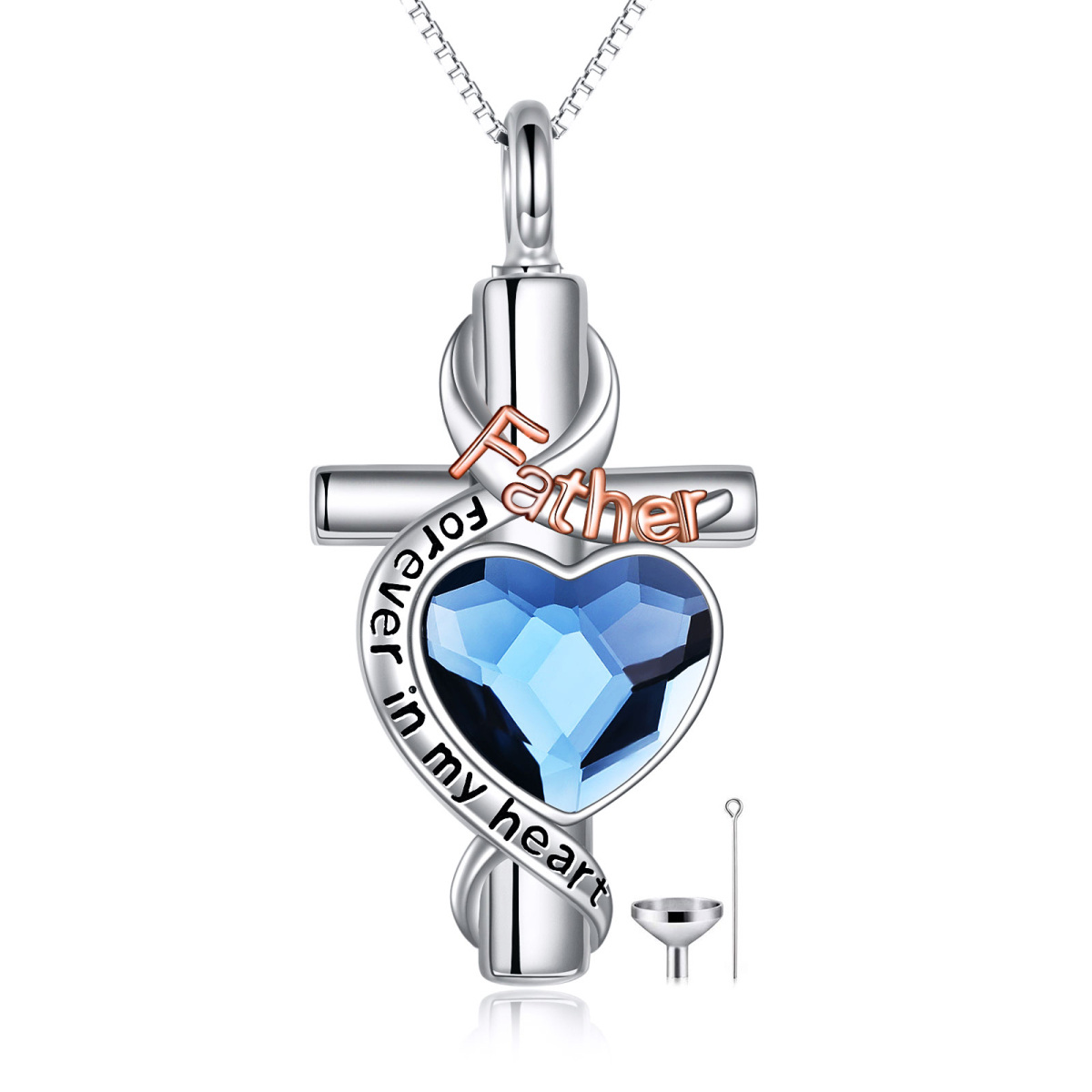 Sterling Silver Two-tone Heart Shaped Crystal Cross & Heart Urn Necklace for Ashes with Engraved Word-1