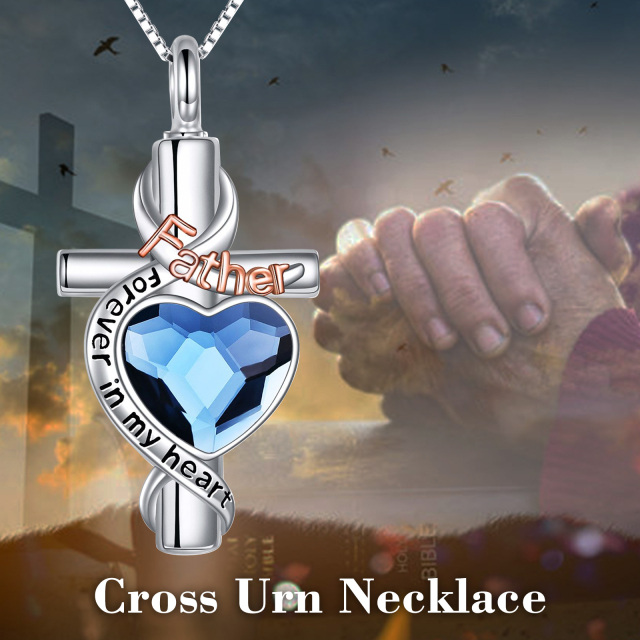 Sterling Silver Two-tone Heart Shaped Crystal Cross & Heart Urn Necklace for Ashes with Engraved Word-2