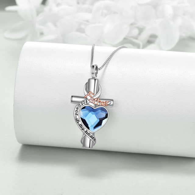 Sterling Silver Two-tone Heart Shaped Crystal Cross & Heart Urn Necklace for Ashes with Engraved Word-3