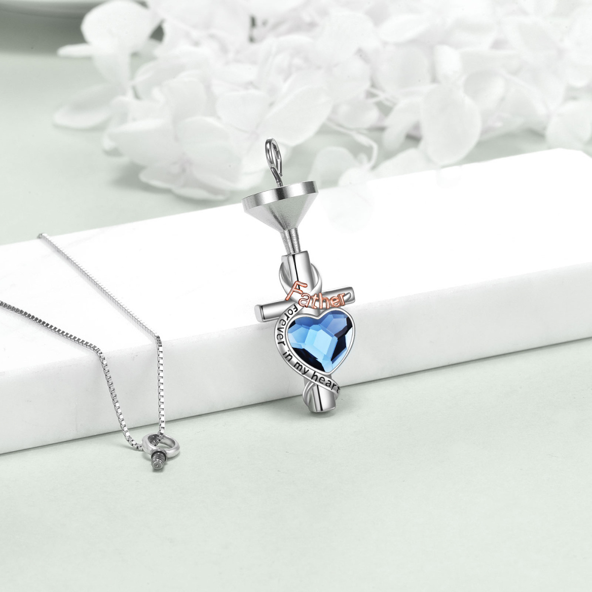 Sterling Silber zweifarbig Herz geformt Kristall Kreuz & Herz Urne Halskette für Asche mit-5