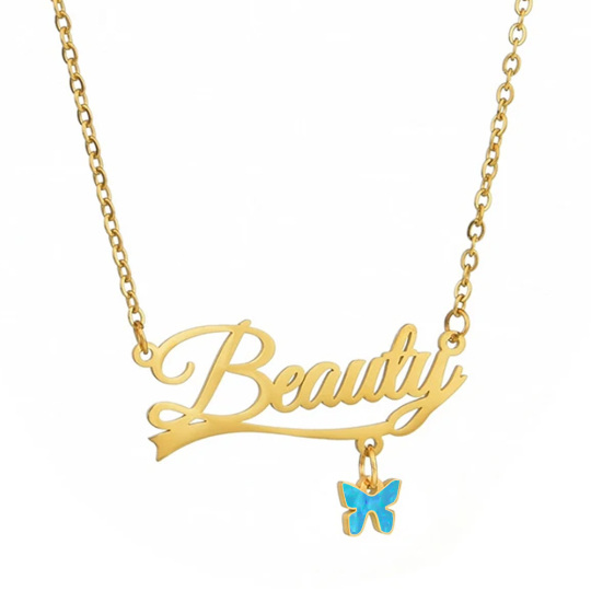 Sterling Silver with Yellow Gold Plated Personalized Name Opal Butterfly Pendant Necklace