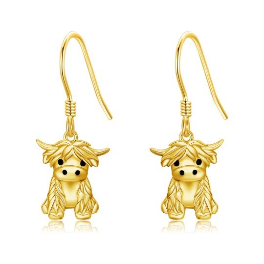 Orecchini pendenti in oro 14K con mucca Highland