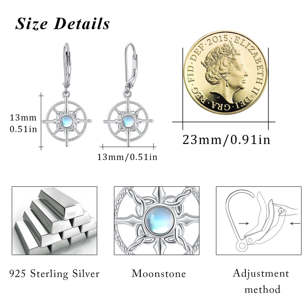 Sterling Silver Circular Shaped Moonstone Celtic Knot & Compass Lever-back Earrings-4