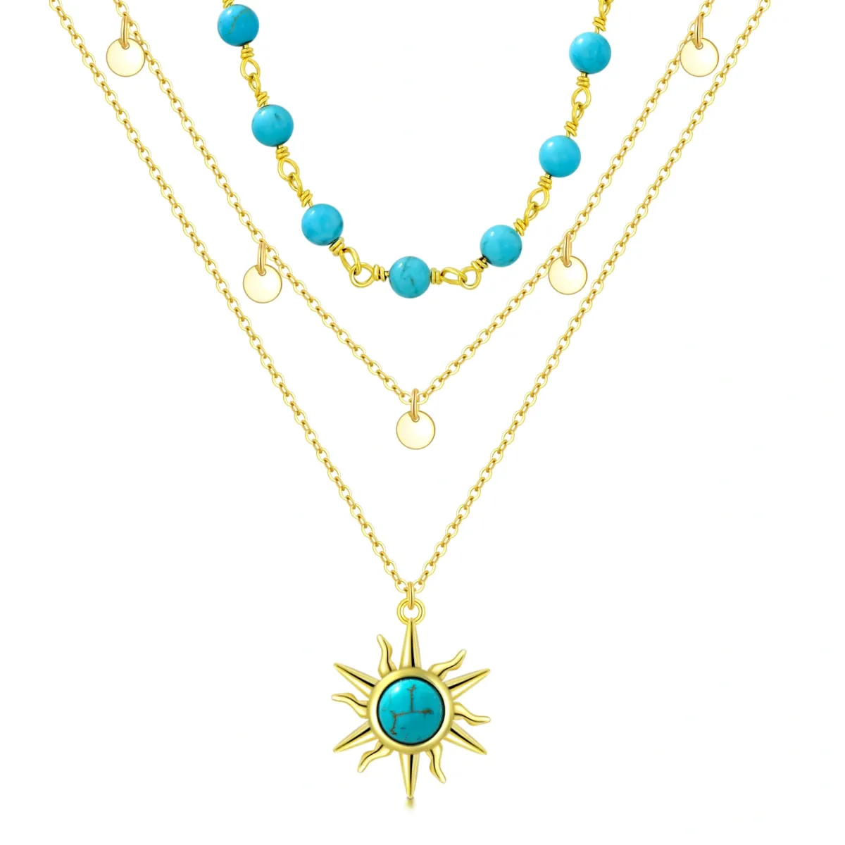 Sterling Silver with Yellow Gold Plated Circular Shaped Turquoise Sun Layered Necklace-1