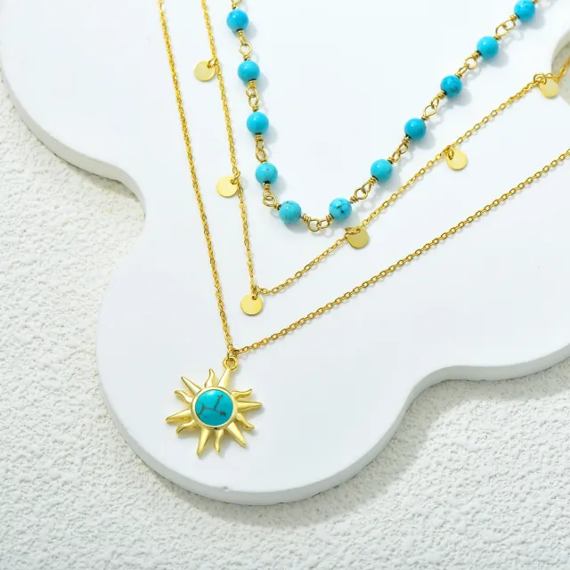 Sterling Silver with Yellow Gold Plated Circular Shaped Turquoise Sun Layered Necklace-2