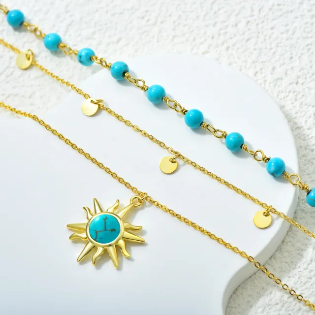 Sterling Silver with Yellow Gold Plated Circular Shaped Turquoise Sun Layered Necklace-3