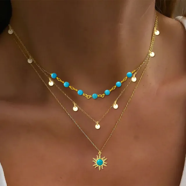 Sterling Silver with Yellow Gold Plated Circular Shaped Turquoise Sun Layered Necklace-1