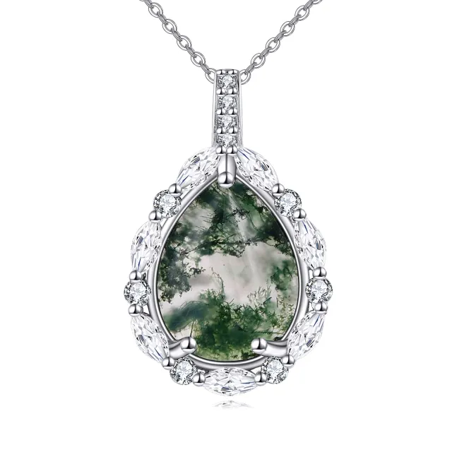 Sterling Silver Moss Agate Drop Shape Pendant Necklace-0