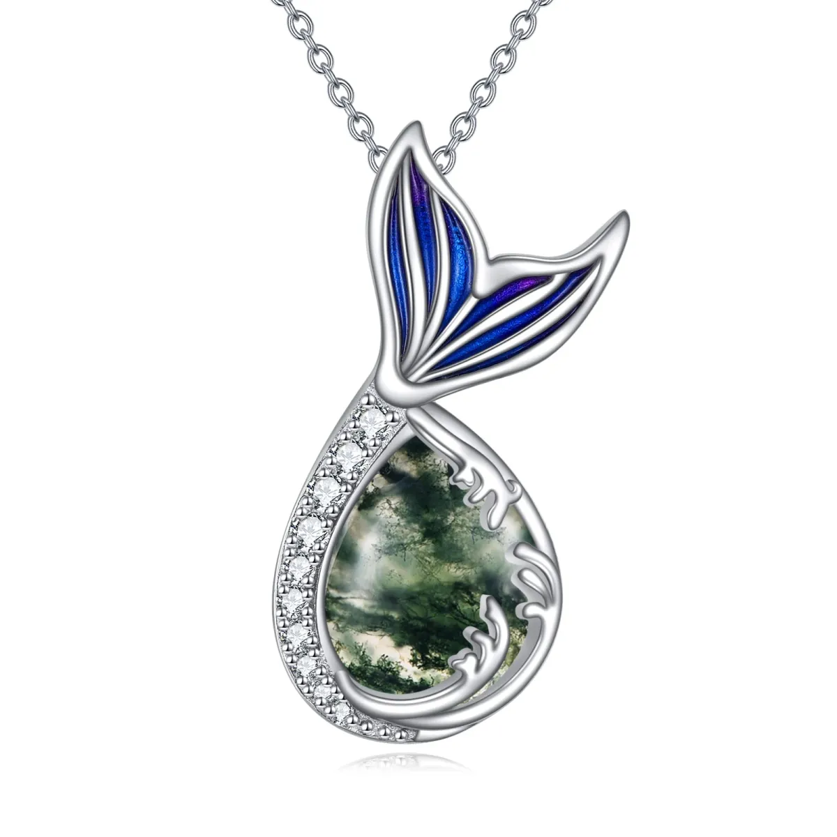 Sterling Silver Circular Shaped & Pear Shaped Cubic Zirconia & Moss Agate Mermaid Tail Pendant Necklace-1