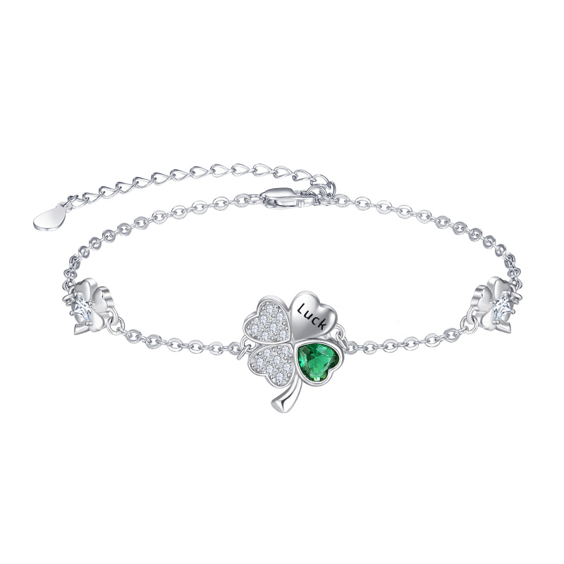 Sterling Silver Cubic Zirconia Four Leaf Clover Pendant Bracelet with Engraved Word