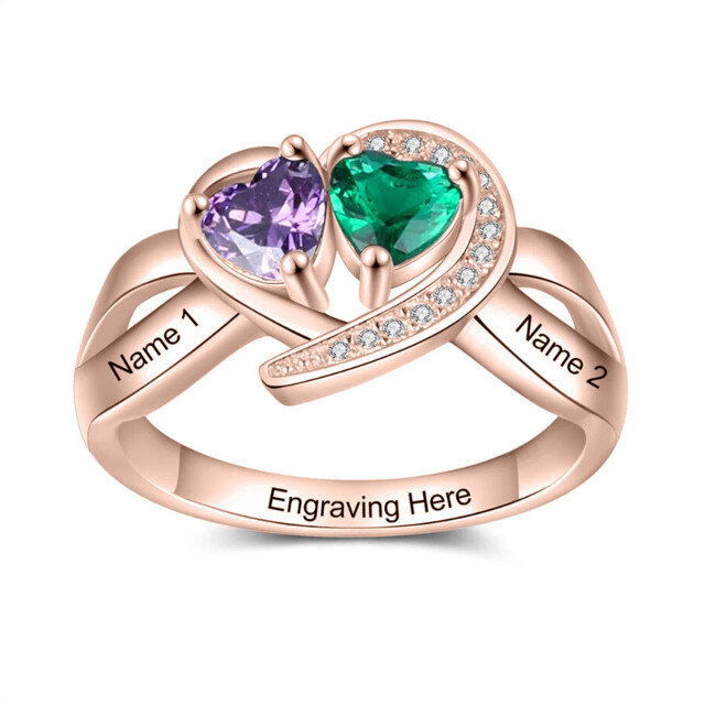 10K Gold Heart Shaped Cubic Zirconia Personalized Birthstone & Personalized Engraving Ring-2