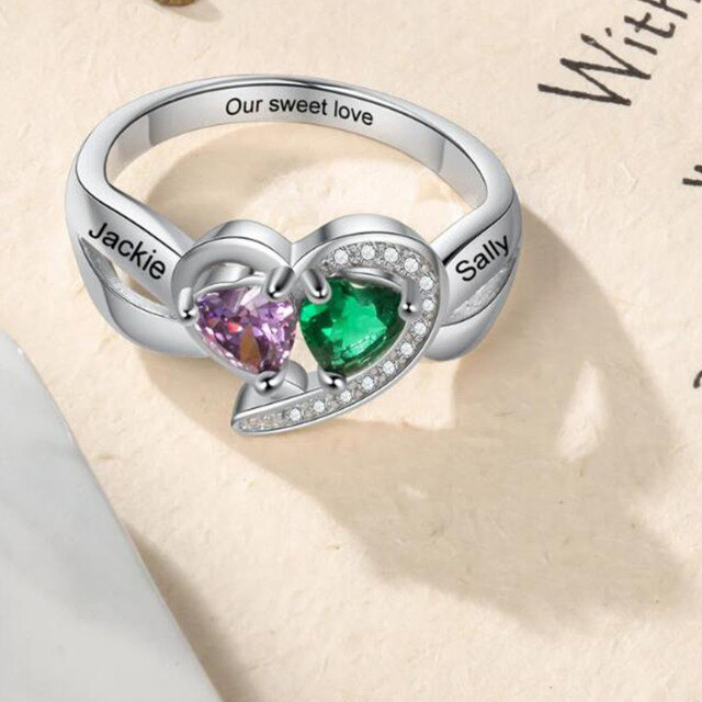 10K Gold Heart Shaped Cubic Zirconia Personalized Birthstone & Personalized Engraving Ring-4