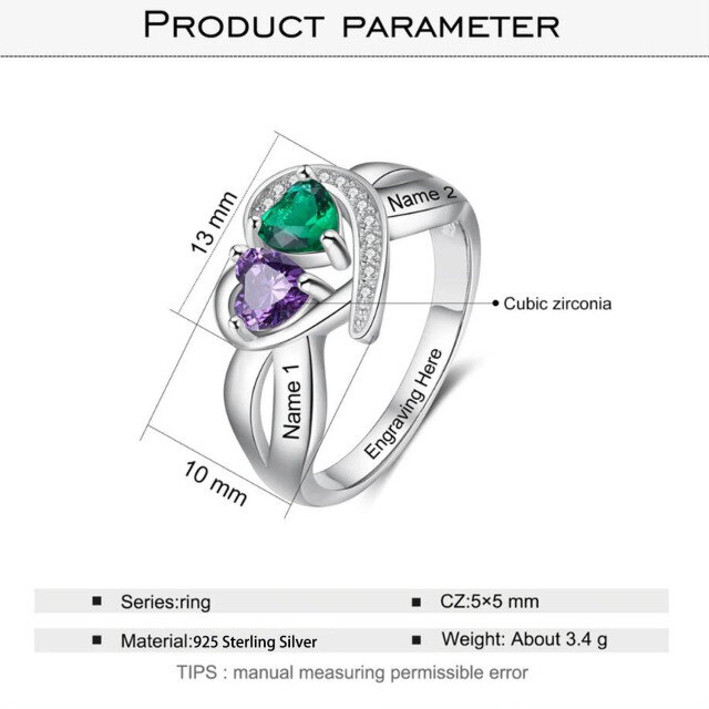 Bague en or 10K en forme de coeur avec zircon cubique, pierre de naissance personnalisée e-6