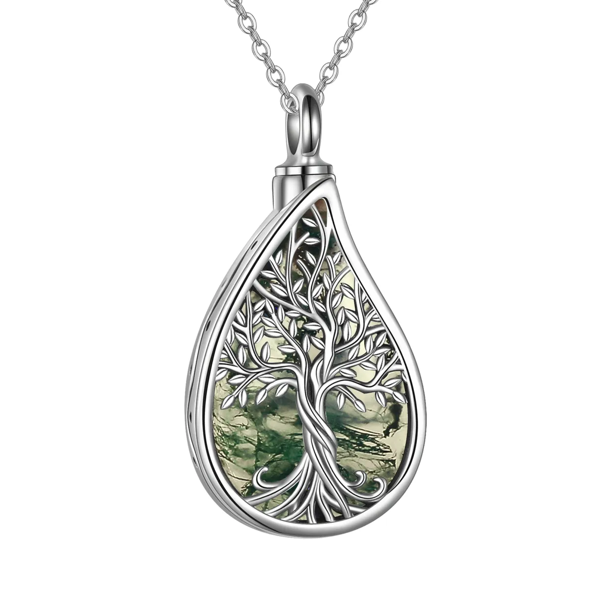 Sterling Silber Moos Achat Baum des Lebens & Drop Form Urne Halskette mit eingraviertem Wo-1