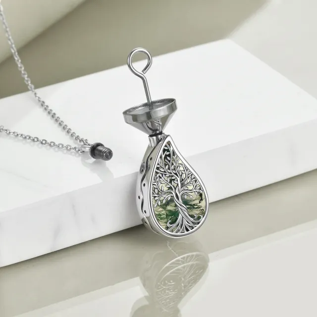 Sterling Silver Moss Agate Tree Of Life & Drop Shape Urn Necklace for Ashes with Engraved Word-2
