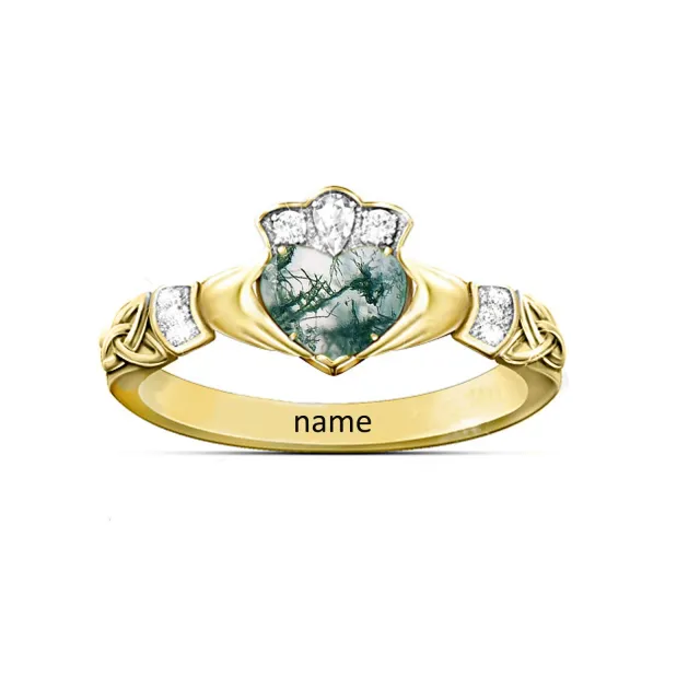 14K Gold Agate Personalized Classic Name & Couple Wedding Ring-0