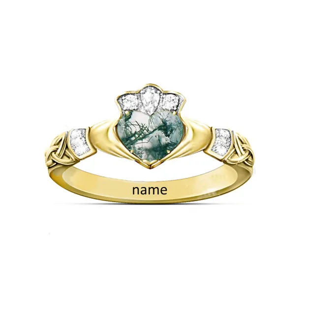 14K Gold Agate Personalized Classic Name & Couple Wedding Ring-2