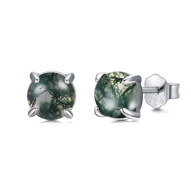 Sterling Silver Circular Shaped Moss Agate Round Stud Earrings-4