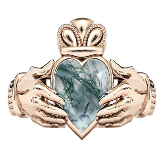 Sterling Silver with Yellow Gold Plated Moss Agate Heart Engagement Ring