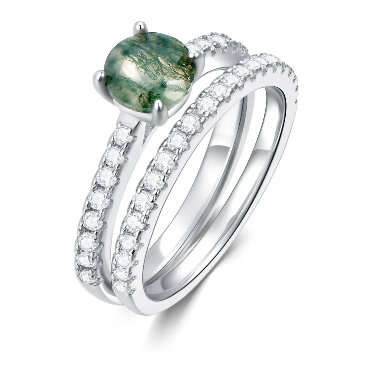 Sterling Silver Moss Agate Round Engagement Ring-1