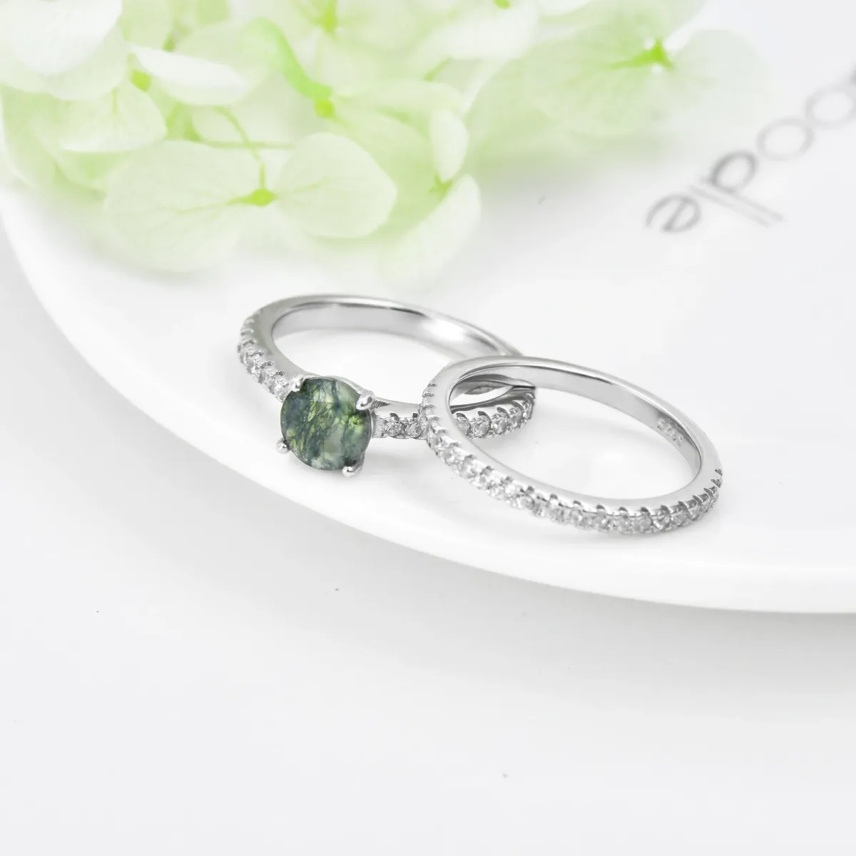 Sterling Silver Moss Agate Round Engagement Ring-3