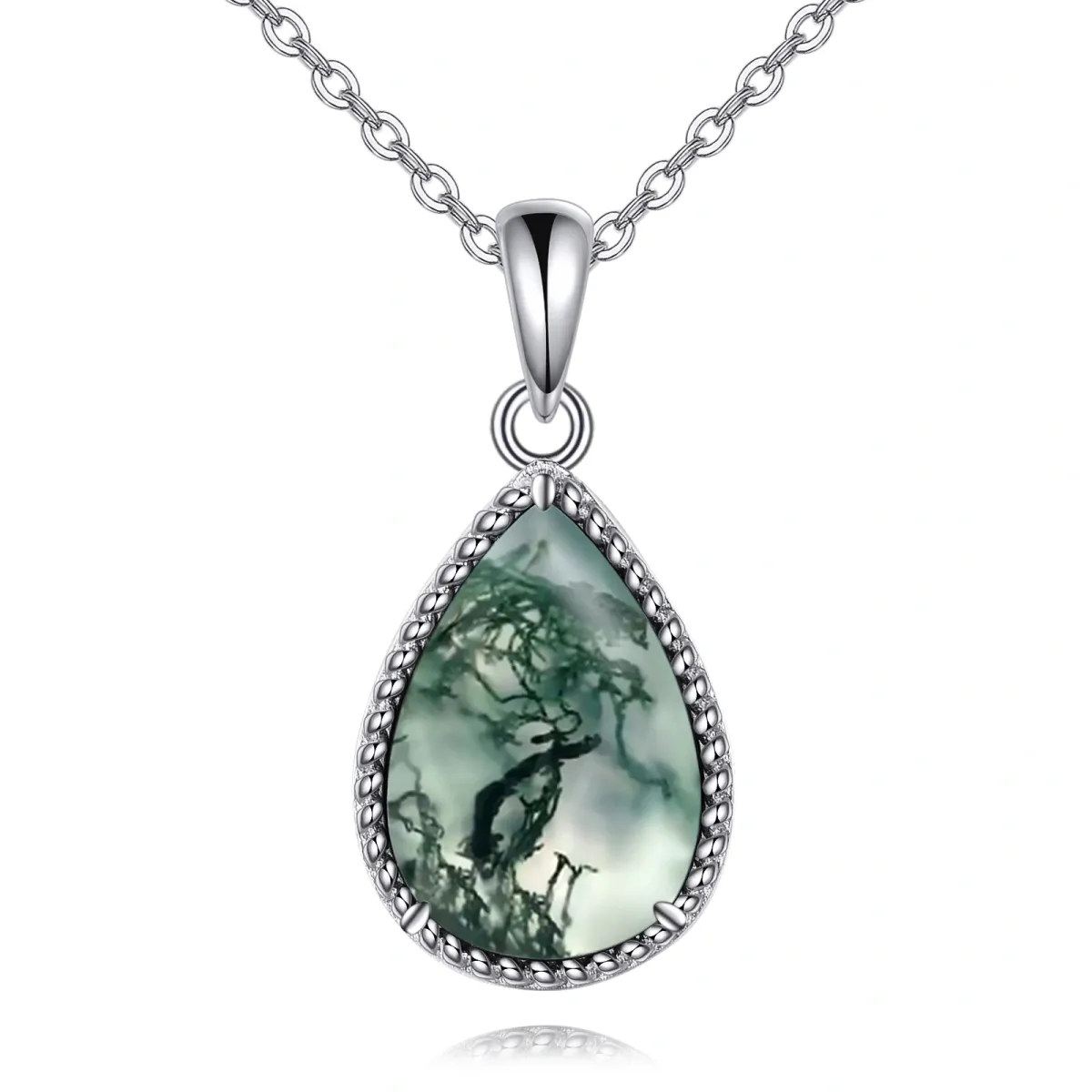 Sterling Silver Moss Agate Drop Shaped Pendant Necklace-1
