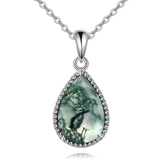 Sterling Silver Moss Agate Drop Shaped Pendant Necklace-0