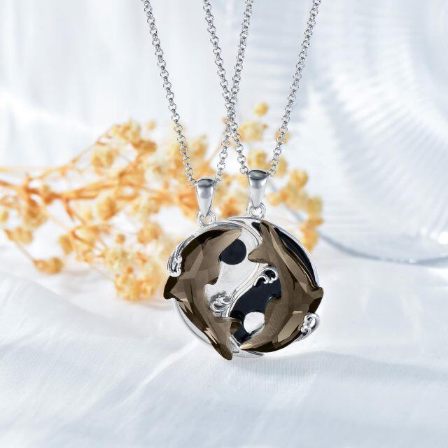 Golfinho cristal yin yang casal 925 prata branco ouro colar jóias presente para mulheres homens-2