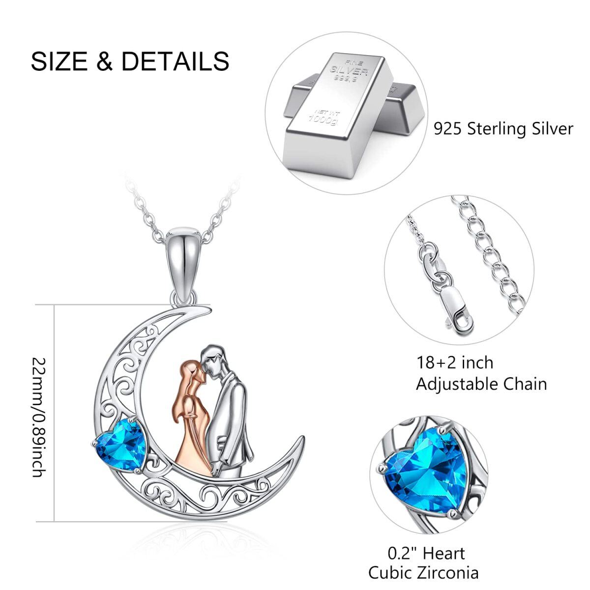 Sterling Silver Two-tone Heart Shaped Cubic Zirconia Couple & Heart & Moon Pendant Necklace-6