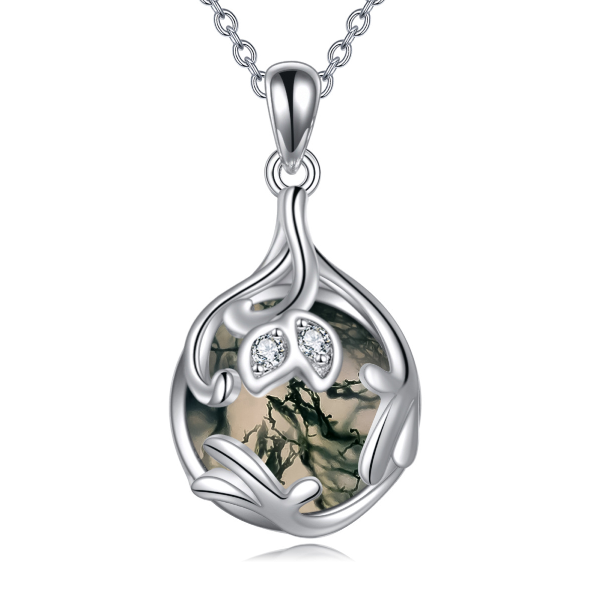 Sterling Silver Circular Shaped Moss Agate Round Pendant Necklace-1